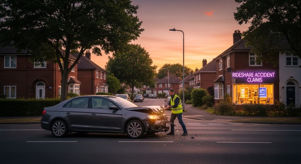 Car accident on suburban street at dusk.