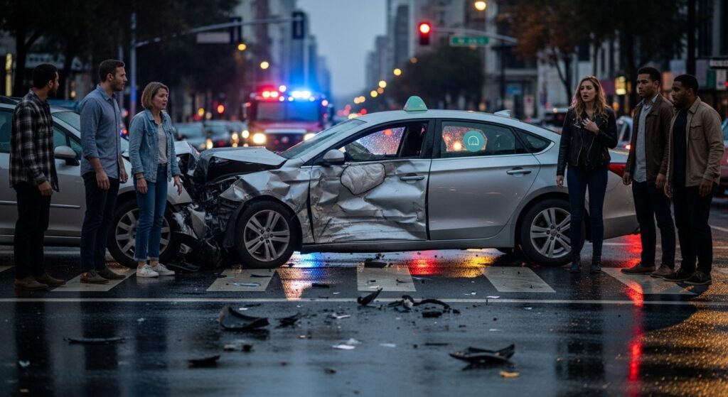 Car accident scene with bystanders observing