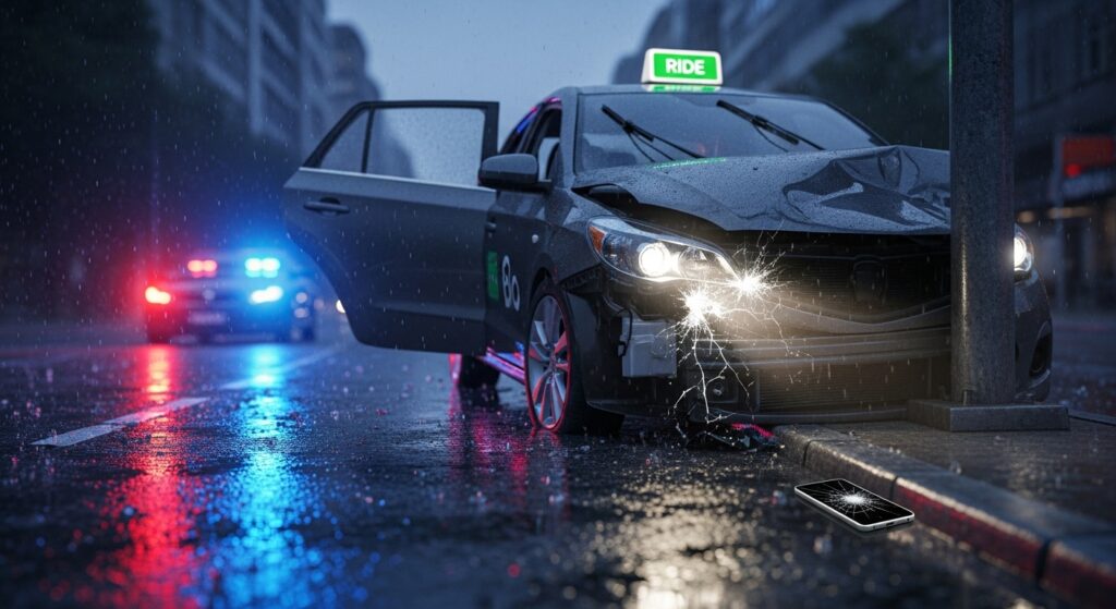 Damaged taxi in rainy urban setting