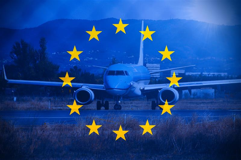 Airplane with European Union stars background
