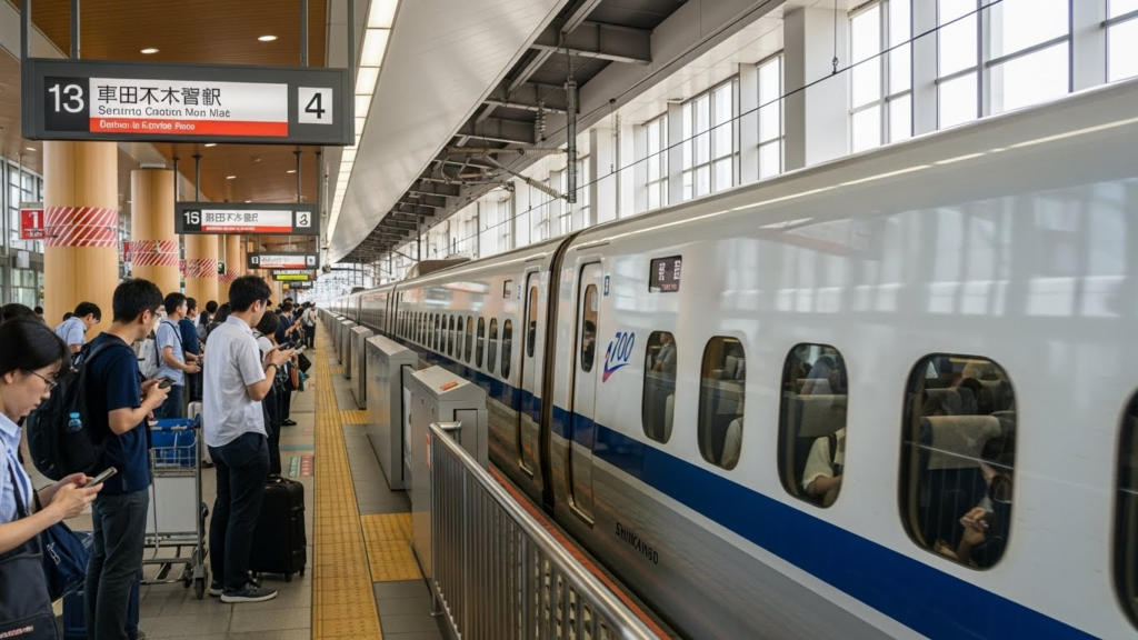 Japanese Shinkansen bullet train arriving at a station, travelers checking tickets and luggage
