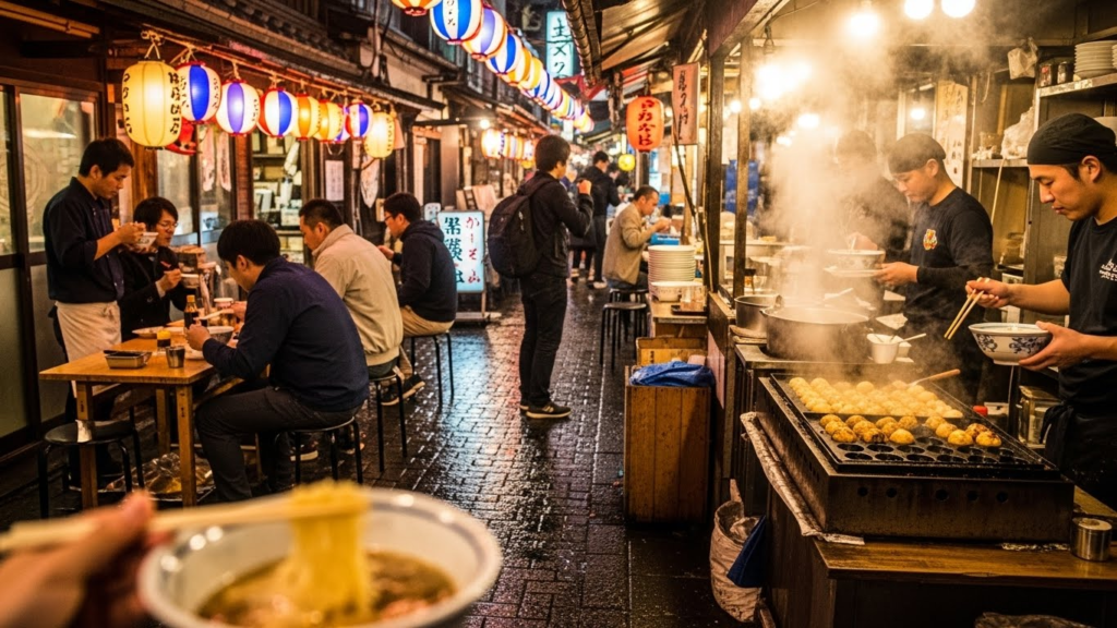 Street-level food scene in Osaka at night, locals and travelers eating takoyaki and ramen at small stalls