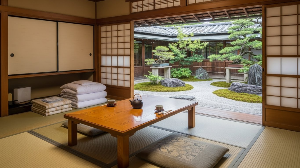 Traditional Japanese ryokan interior with tatami mats, low wooden table, futon bedding