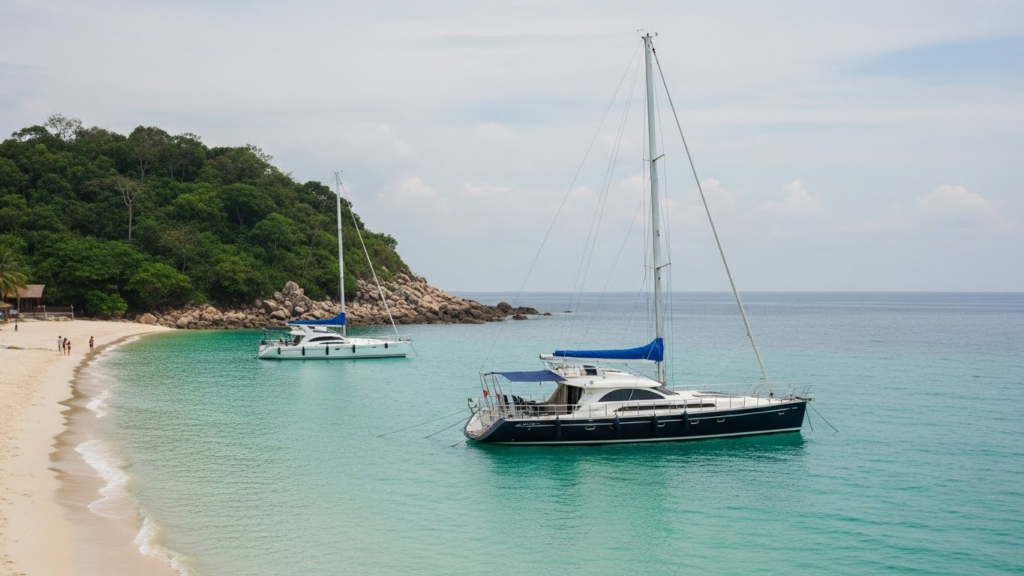 Boats standing at sea shore at Phu Quoc Island