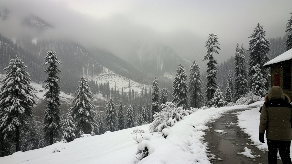Image of a man walking on a trail in January Weather in Gulmarg