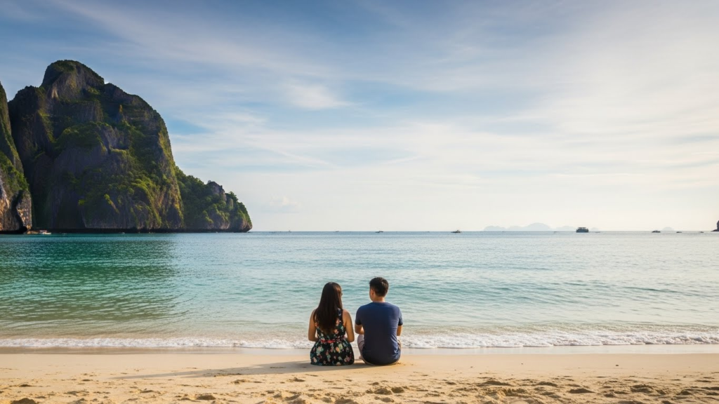 a couple sitting on a beach in Phuket