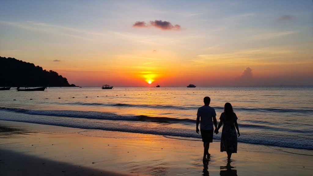 Image of couple walking on a beach on Phuket beach in January evening weather