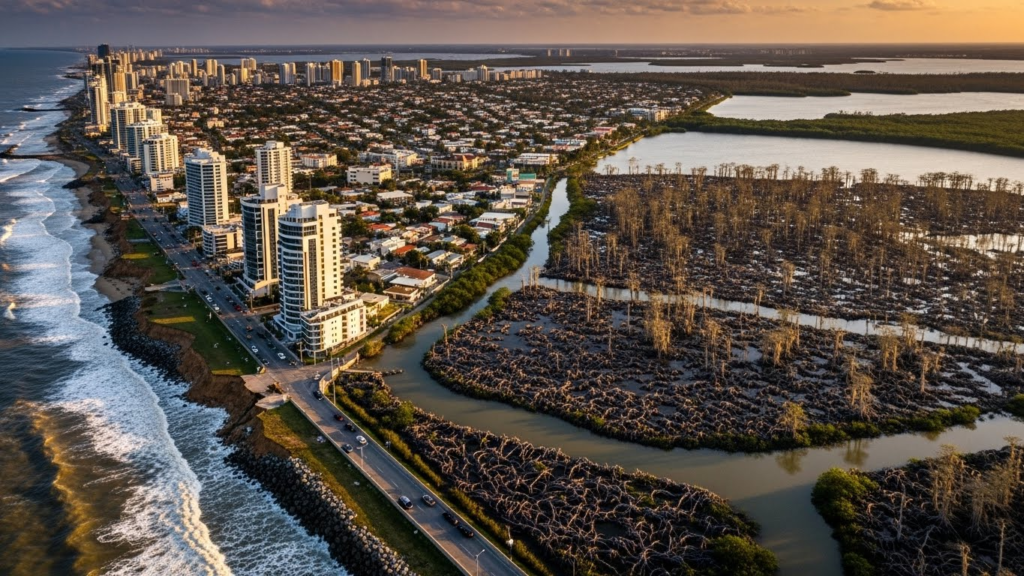 A photo of swamp near a city