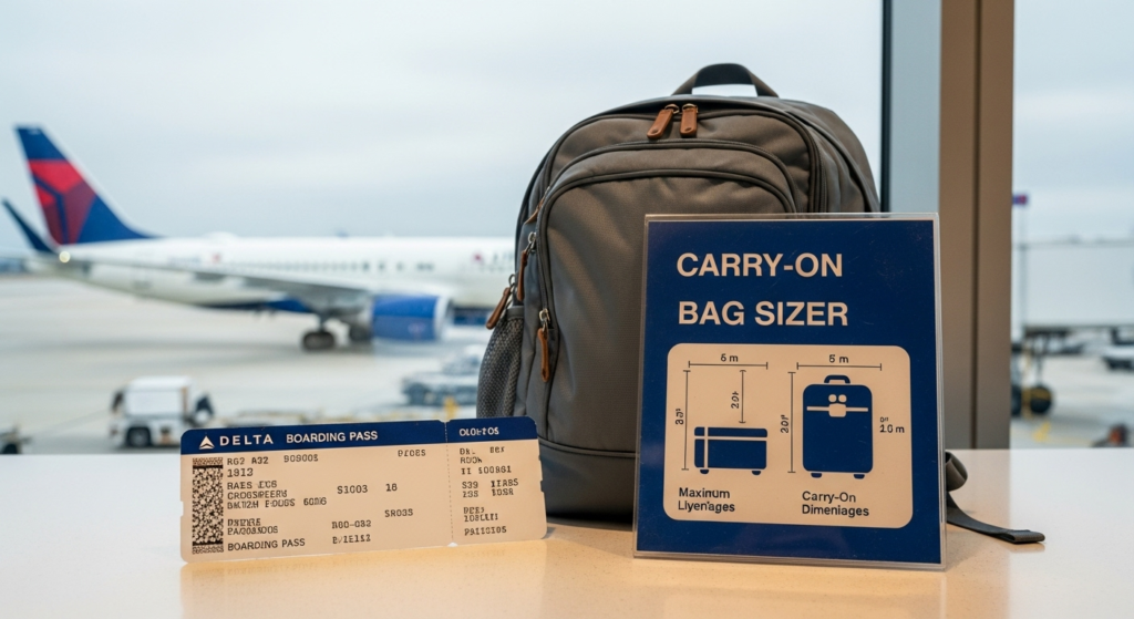 Image of Delta Air line boarding pass and a baggage