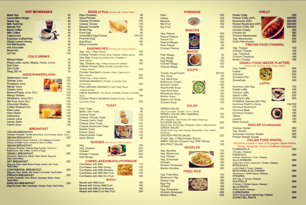 A Riverside Cafe menu in Kasol