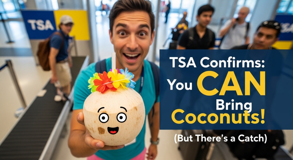 a man showing coconut at the airport check