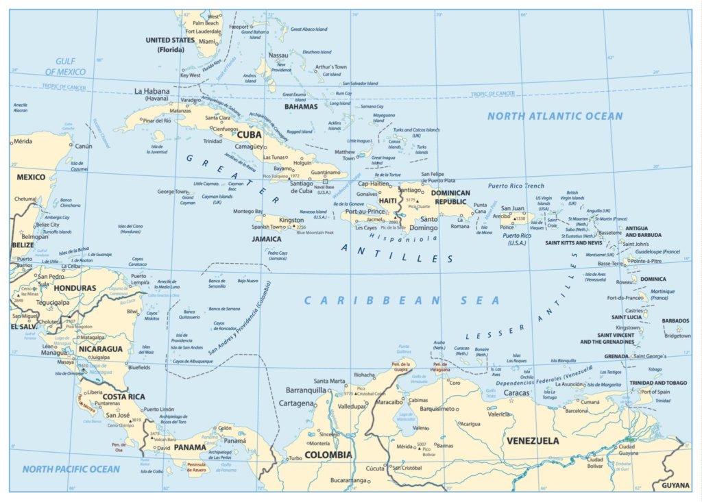Caribbean map Cuba Dominican Republic Cancun