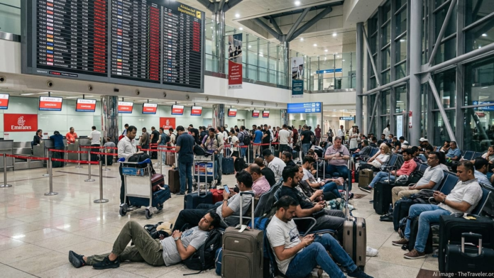Dubai airport passengers waiting after Middle East flight cancellations during Iran conflict travel disruption.