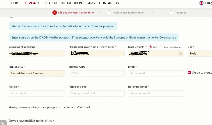 Vietnam e-visa name Format
