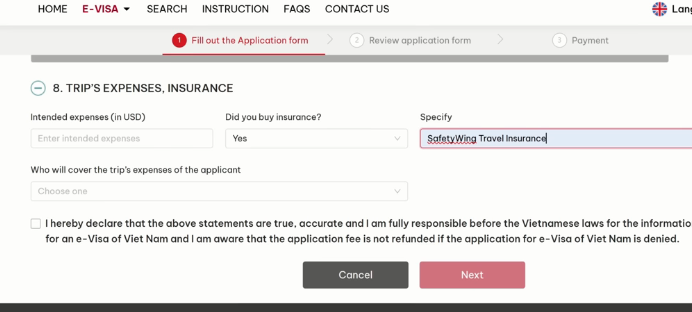 Vietnam e-visa portal trip expense page