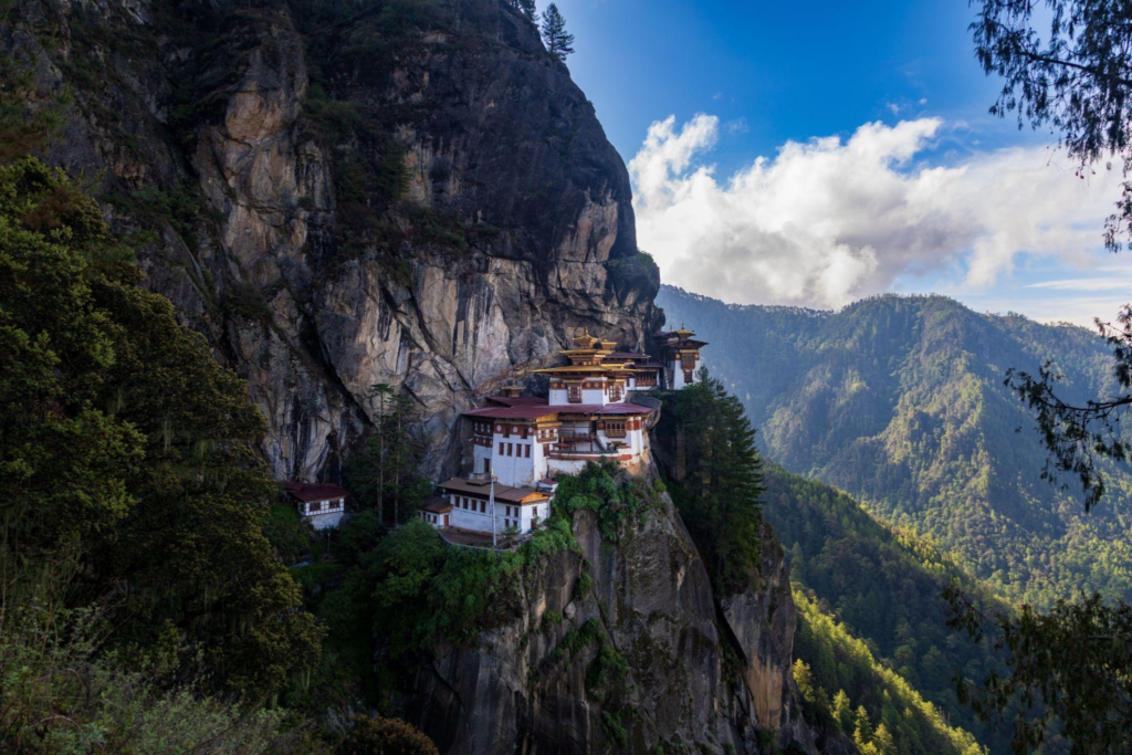 View of the famous Paro Taktsang Monastery perched on the cliffside