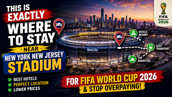FIFA World Cup 2026 hotel guide near New York New Jersey Stadium featuring MetLife Stadium, nearby hotels, transport options, budget stay tips, and NYC skyline for football fans.