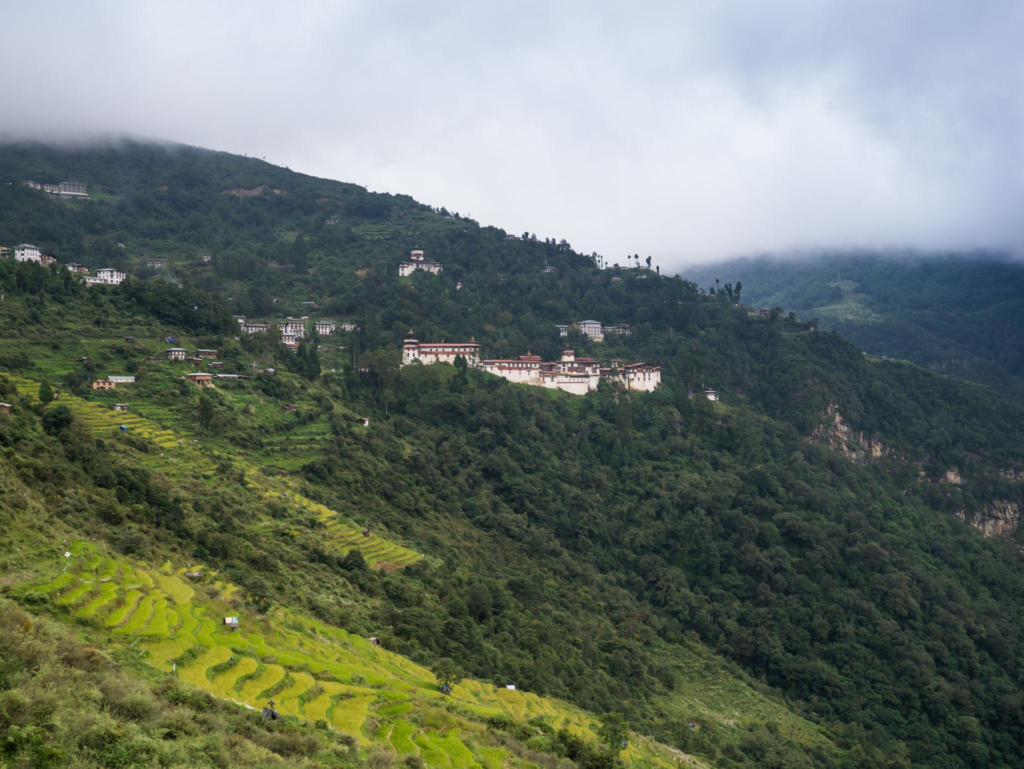 scenic view of Himalayas mountain range and Trongsa Monastery from bhutan 