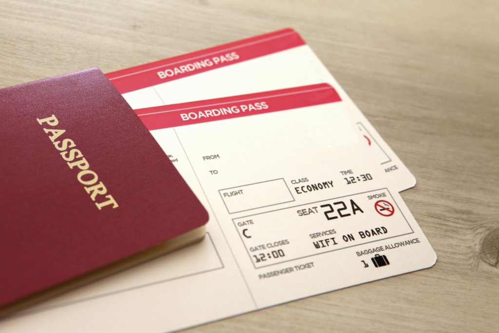 Passport visa tickets and hotel confirmations for international travel