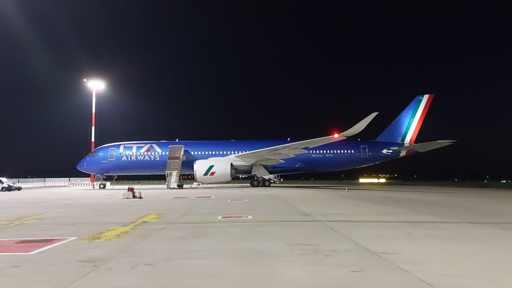 ITA Airways Airbus aircraft in blue livery at Rome Fiumicino Airport