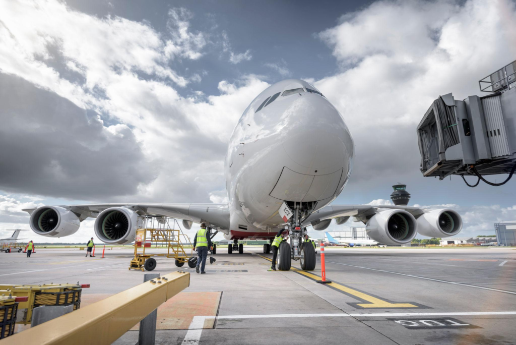 A380 Aircraft arriving at airport runway