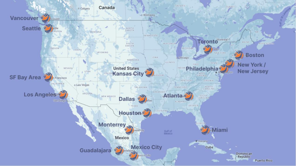 Map showing all FIFA World Cup 2026 host cities across USA Canada and Mexico