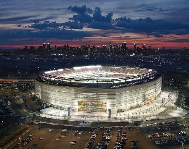MetLife Stadium illuminated at night before FIFA World Cup Final