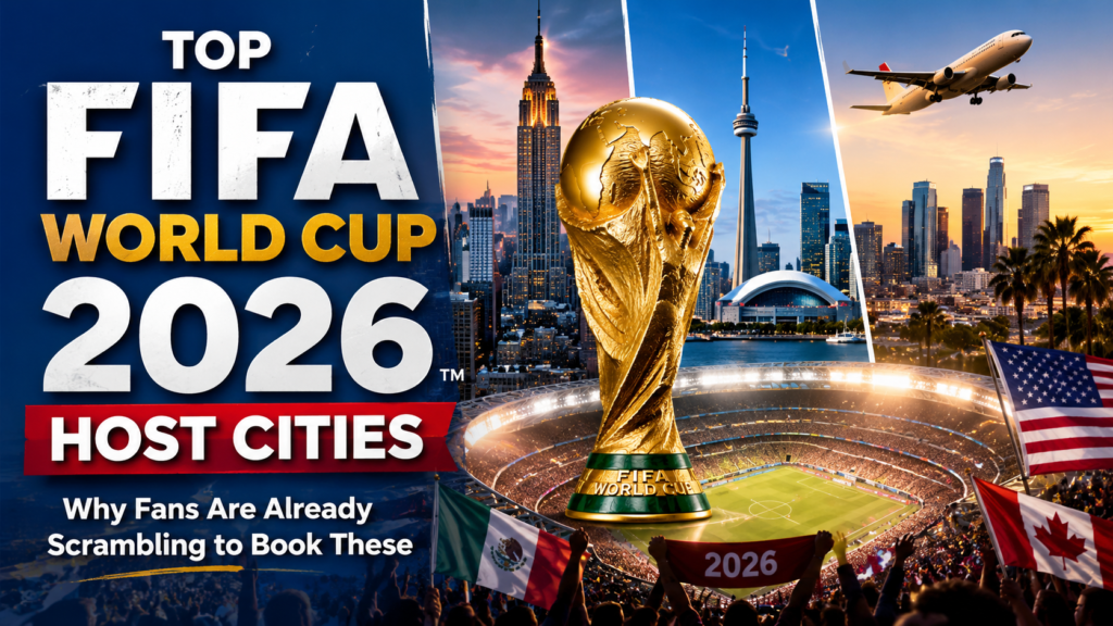 Crowd-filled FIFA World Cup 2026 stadium with the golden World Cup trophy in the center, surrounded by iconic host city skylines from the USA, Canada, and Mexico, featuring bold text “Top FIFA World Cup 2026 Host Cities” and fans celebrating with national flags.