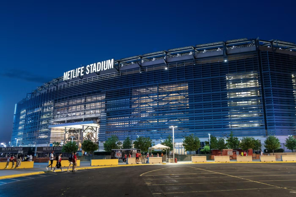 MetLife Stadium illuminated in the evening