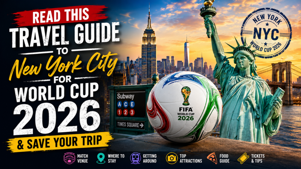 New York City World Cup 2026 travel guide featuring the Statue of Liberty, NYC skyline, FIFA soccer ball, match venues, hotels, transport tips, and top attractions for football fans.