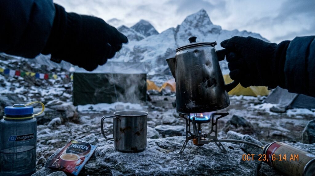 Gloved hands brewing coffee with a metal percolator on a camp stove at a snowy mountain campsite