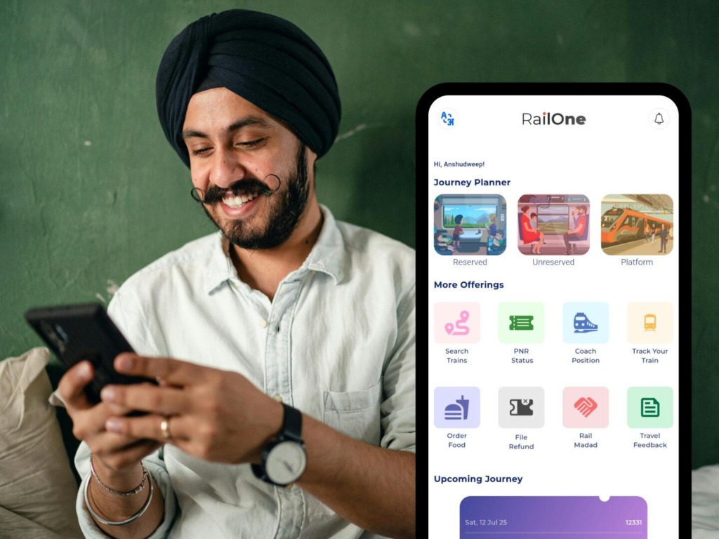 A man using a smartphone next to the RailOne app dashboard showing journey planning and train service icons
