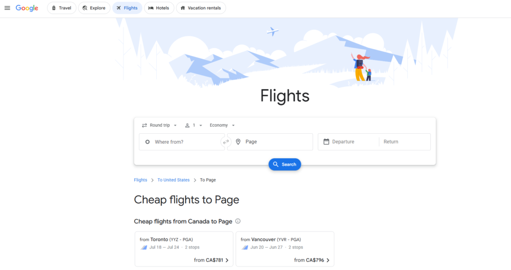 Google Flights search interface showing the cabin selector dropdown menu labeled Economy