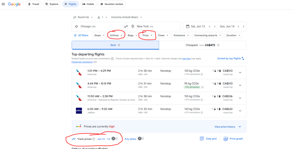 Google Flights interface with red circles highlighting the Airlines and Price filters and the Track prices toggle