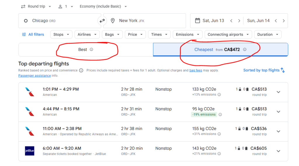 Google Flights search results with the Best and Cheapest tabs