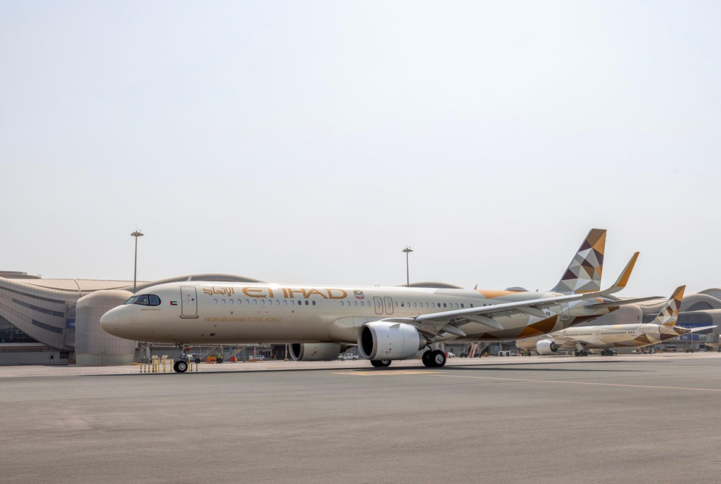An Etihad Airways Airbus A321LR aircraft parked on the airport tarmac