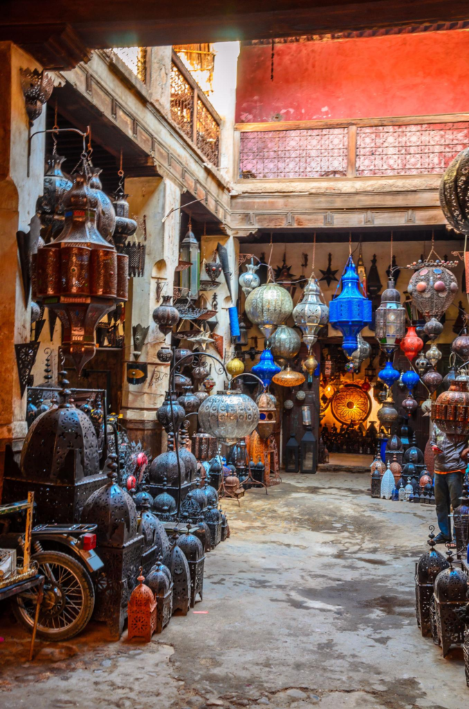 Street of Marrakech market with traditional souvenirs, Morocco