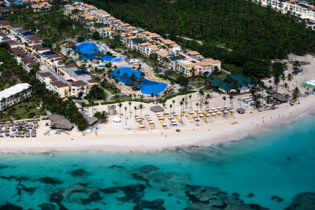 Aerial view of an all-inclusive Caribbean beach resort during the low season.