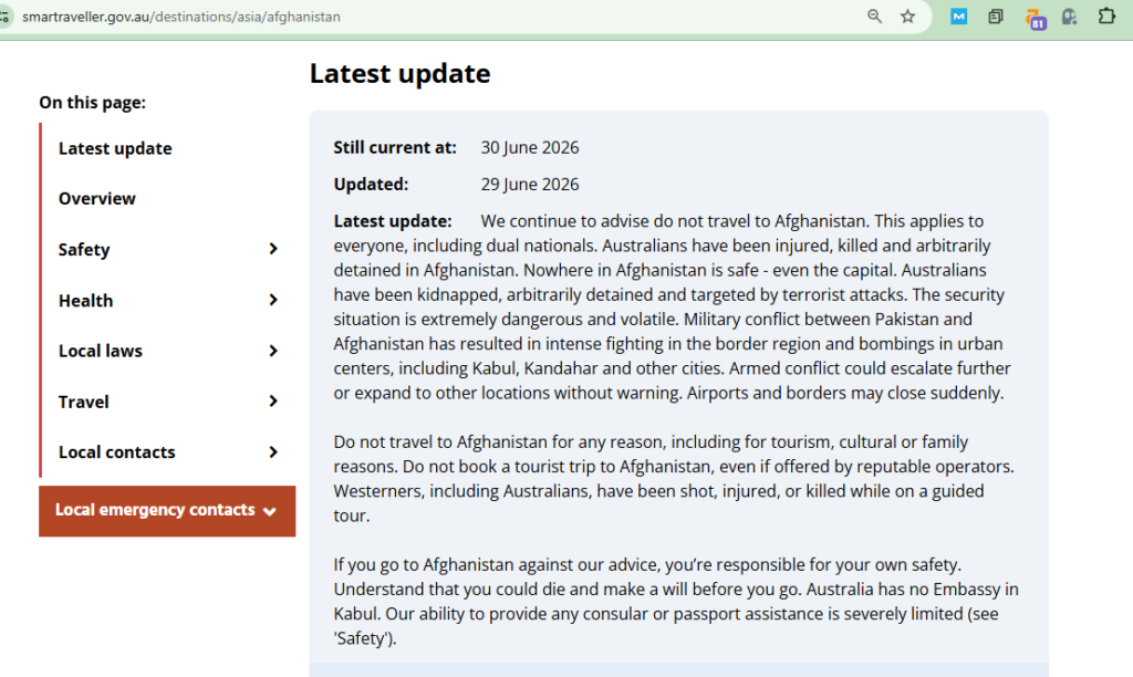 Australia Travel Warning for Afghanistan