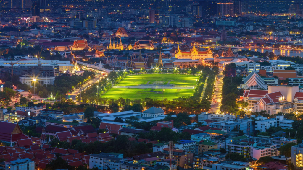 The Aerial view at night of The Grand Palace, Bangkok, Thailand