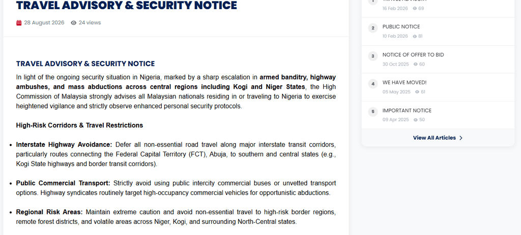 Malaysia Warns Travelers as Security Risks Rise in Northern Nigeria