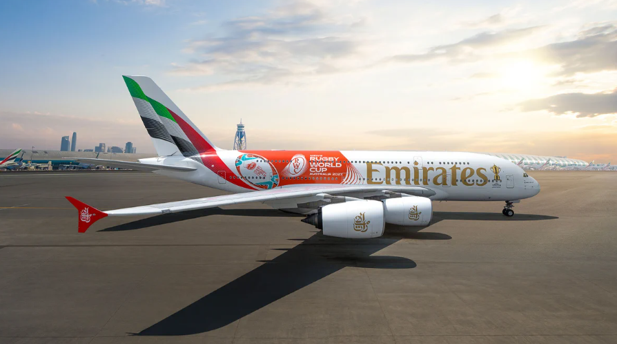 Emirates plane on a runway