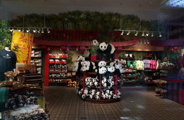 The photo shows a panda plush toy on display at the Atlanta Zoo in the United States.