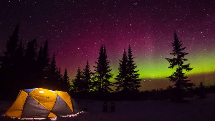 Glowing yellow tent pitched in snow beneath a starry night sky with green and purple aurora borealis over pine trees