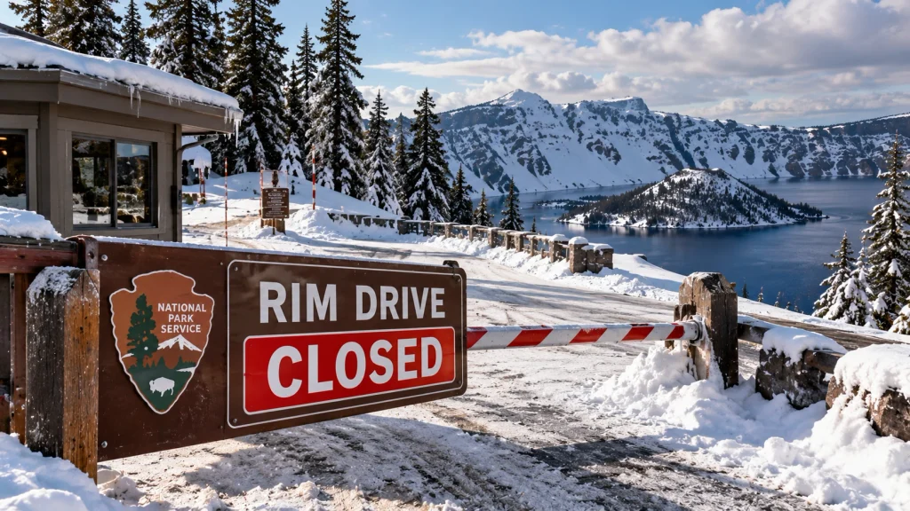 Winter Arrives at Crater Lake: Famous 33-Mile Rim Drive Shuts Down to Automobiles